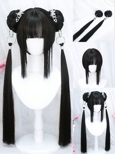 DIY Anime Cosplay Wig With Bangs Synthetic Short Straight Black Wig With Double Hair Loop Double Long Straight Ponytail Natural Short Straight Lolita Wig For Women,Suitable For Halloween Christmas Party Black    High Temperature Fiber  Woven Cos Wigs   Wigs & Accs, size features are:Bust: ,Length: ,Sleeve Length: Wig Two Ponytails, Warrior Hair, Hairstyles Wig, Hair Loop, Natural Waves Hair, Basic Hairstyles, Curling Straight Hair, Kawaii Wigs, Straight Ponytail