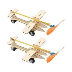 two wooden toy airplanes with propellers and wheels on white background, one is orange and the other is blue