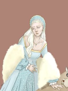 a drawing of a woman in a blue dress and white fur coat with a dog on the ground