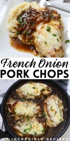 french onion pork chops in a cast iron skillet