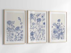 three blue and white flowers are hanging on the wall in front of two framed pictures