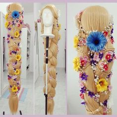 the wig is decorated with flowers and braids