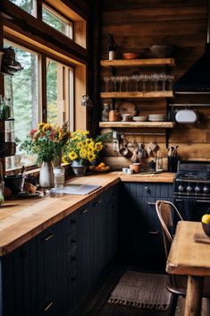 a kitchen filled with lots of counter top space next to a stove top oven and sink