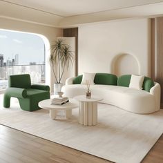 a living room filled with furniture and a large window overlooking the cityscape behind it