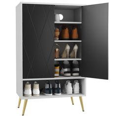 an open cabinet with several pairs of shoes in it