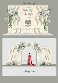 the front and back side of a wedding card with flowers on it, in white