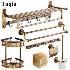 an assortment of brass bathroom accessories including toilet paper, soap dispenser and towel rack