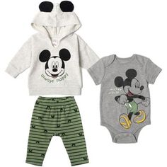 Mickey Mouse Outfit, Classic Disney Characters, 3 Piece Outfit, Grey Bodysuit, Baby Hoodie, Newborn Baby Boy, Girls Fleece, Baby Boy Or Girl