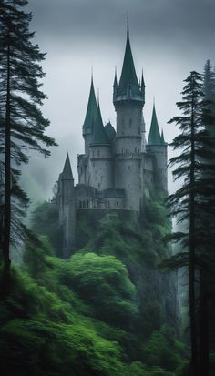 a castle on top of a hill surrounded by tall pine trees in the foggy weather