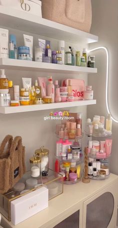 the shelves are filled with cosmetics and personal care products