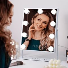 Perfect Size＆9 LED Bulbs，This vanitii mirror has a perfect size（25cm×30cm）providing you a perfect face view. There are 9 LED bulbs distributing on the makeup mirror which along the mirror sides，ensure you can put on makeup fluently when you are in a brightless or dark place.360°Rotation，This vanitii mirror can rotate 360 degree. It make your dressing more convenient. Ajustable Brightness＆3 Color Lights，Vanitii makeup mirror has 3 color which is warm liht/day light /cold light，you can choice you Travel Mirror With Lights, Light Up Vanity, Hollywood Vanity Mirror, Hollywood Vanity, Lighted Makeup Mirror, Hollywood Lights, Vanity Mirror With Lights, Hollywood Makeup, Small Dresser