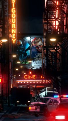 a city street at night with neon signs and cars parked on the side of it