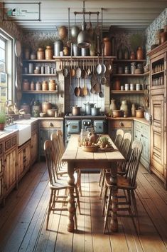 an old fashioned kitchen with lots of pots and pans on the shelves above the table