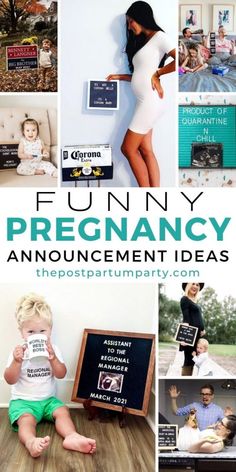 a collage of photos with the words funny pregnant announcement ideas on them and pictures of babies