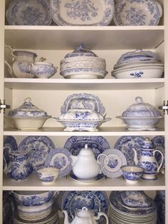 blue and white china is displayed on shelves