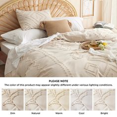 an image of a bed with white linens and pillows on it's side