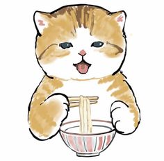 a drawing of a cat with chopsticks in it's mouth and holding a bowl