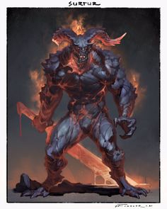 an image of a demonic creature with flames on it's face and arms, standing in