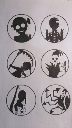 six black and white stickers with different silhouettes