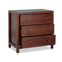 a wooden dresser with three drawers on one side and an open drawer on the other