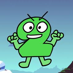 a green cartoon character standing in front of snow covered mountains with his hands up and eyes wide open