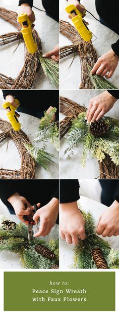 how to make a pine cone wreath with fresh greenery and glue on the stems