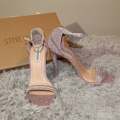 Brand New In Box! Brand: Steve Madden Beautiful Sparkly Blush (Light Pink) Heels Straps Around Ankle And Across Toe With Rhinestone Detail Matching Rhinestone Detail Up Back Of Heel Adjustable Ankle Strap With Small Silver Buckle Approx. 4 1/2" Heel Man Made Uppers. Only Tried On! Pink Sparkly Sandals, Quinceanera Heels Pink, Sparkly Pink Heels, Quince High Heels, Pink Quince Heels, Pink Quince Shoes, Pink Prom Heels, Quinceanera Shoes Heels, Xv Shoes