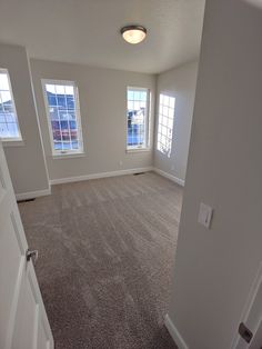 an empty room with two windows and carpeted flooring in the foreground is shown