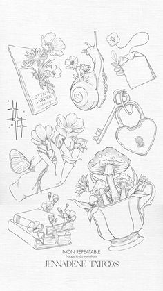 the cover of an illustrated book with flowers and other items