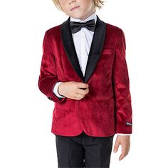 Layer this slim-fit single-breasted suit jacket from Opposuits toddler boy's collection over a button-down and a tie for a tailored look. It's made from plush velvet with a contrast shawl collar, chest and side welt pockets, and a single back vent for easy movement.Front Style: Single BreastedFeatures: Fully LinedClosure Type: ButtonFit: Slim FitPockets: 2 Front Slip Pockets, 1 Chest Slip PocketSleeve Length: Long SleeveFiber Content: 100% PolyesterFabric Description: WovenLining: Fully LinedLining Material: PolyesterCollar: Shawl LapelCare: Dry Flat, Machine WashMaterial: Polyester BlendCountry of Origin: Imported Christmas Blazer, Velvet Dinner Jacket, Shoes Guide, Kids Blazers, Velvet Tuxedo, Blazer For Boys, Black Shawl, Dinner Jacket, Dapper Gentleman