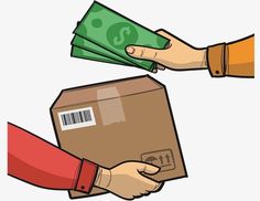 two hands exchanging money from a box with barcodes on the front and back