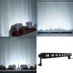 four different views of a window with white curtains and dishes on the windowsills