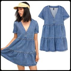 Super Cute Short Denim Dress With A V-Neck, Short Sleeves And Gathered Seam At The Hem. Size Xs (It Actually Says Xxs But Fits Like A Xs Or Small/S). 100% Cotton. New With Tags! Spring Trendy V-neck Denim Dress, Light Wash Cotton V-neck Denim Dress, Trendy V-neck Denim Dress For Day Out, Casual Denim V-neck Mini Dress, Spring Blue Denim V-neck Dress, Casual Denim V-neck Dress, Blue Denim V-neck Dress, Blue V-neck Denim Dress For Spring, V-neck Denim Blue Cotton Dress