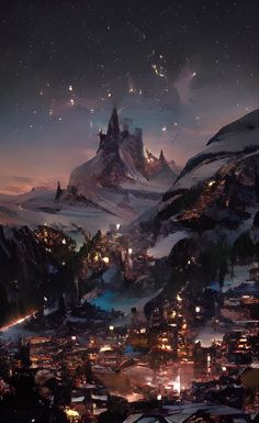 an image of a city at night in the sky with mountains and lights around it