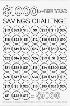 the $ 100 one year savings challenge is shown in this black and white poster, which includes