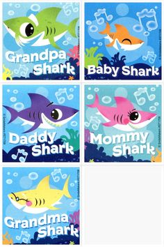 four baby shark cards with the words grandpa shark, daddy shark, mommy shark and baby shark