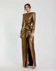 Metallic Jersey Long Sleeve Gown With Bow Long Sleeve Gown Elegant, Gown Elegant, Charmeuse Fabric, Maxi Dresses Fall, Sleeve Gown, Bride Groom Dress, Long Sleeve Gown, Evening Dresses Cocktail, Stunning Gowns