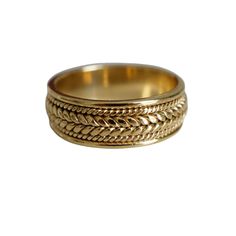 This band is the perfect blend of rugged sophistication and modern elegance. Whether you’re looking to add a touch of unique charm to your everyday style or searching for the perfect symbol of everlasting commitment, this band is your go-to. Please allow 1-2 weeks for delivery. Luxury Wide Band Jewelry With Decorative Band, Timeless Wide Band Wedding Bands, Timeless Ring With Decorative Band For Promise, Timeless Yellow Gold Band With Decorative Details, Timeless Promise Ring With Decorative Band, Timeless Jewelry With Decorative Band, Classic Wide Band Stackable Jewelry, Classic Stackable Wide Band Jewelry, Luxury Stackable Rings With Thick Band For Wedding