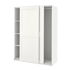 a white cabinet with two doors and shelves on each side, in front of a white background