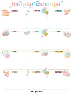 a birthday calendar with balloons and confetti on the side, in pastel colors