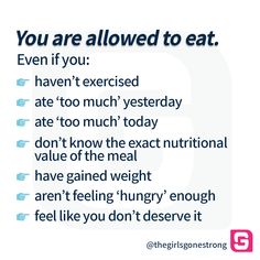 We — especially women — have been conditioned into believing that we must “earn” our meals, and if we don’t, we don’t get to have them.⁠ ⁠ We call BS. ⁠ Food is not a reward for doing something. There are no “good” or “bad” foods, and you’re not “good” or “bad” for eating them.⁠ ⁠ Food choices are nothing more or less than personal preference, and your self-worth is NOT inherently tied to your choices.⁠ ⁠ So in case you needed to hear it today, we’ll say it again:⁠ ⁠ You are allowed to eat. Healthy Eating Plate, Healthy Eating Quotes, Bad Quotes, Healthy Eating Breakfast, Bad Food, Feeling Hungry, Doing Something, Healthy Eating Habits