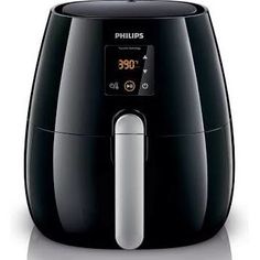 the philips air fryer is black and has red trimmings on its side