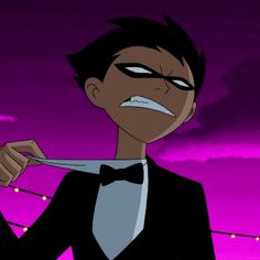 an animated image of a man in a tuxedo holding a knife to his mouth