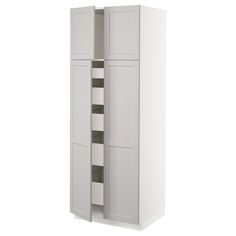 a tall white cabinet with two doors and shelves on one side, in front of a white background