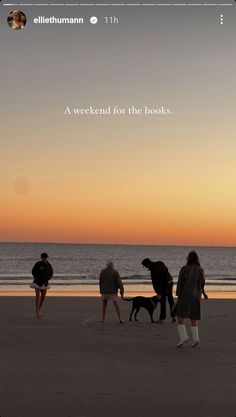 people walking on the beach at sunset with their dog in front of them and an advertisement for books