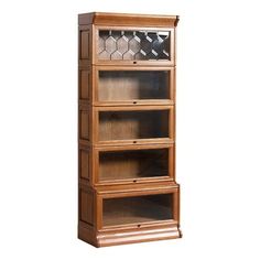 a tall wooden bookcase with glass doors on the front and bottom shelves in different sizes