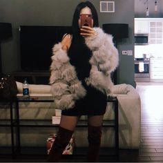 Super Soft And Very Boujee Fur Coast Perfect For Nights Out And Dinner Dates! Make This Beauty Yours Fur Jacket Black Dress, Fur Coat With Dress, Dress With Fur Coat, 30th Photoshoot, Blue Princess Dress, Grey Faux Fur Coat, Grey Fur Coat, Boujee Aesthetic, New York Winter