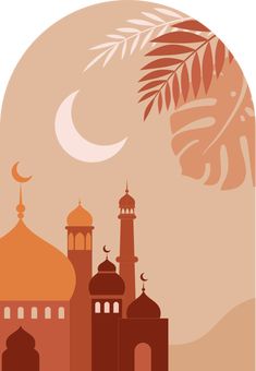 an illustration of a mosque with the moon and palm tree in the backgroud