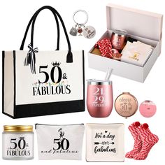 PRICES MAY VARY. Unforgettable 50th Birthday Gifts for Women: surprise her with the 50th birthday gift set, a sophisticated ensemble of exquisite items designed to make her special day memorable, this gift set contains 1 piece of 50th birthday tote bag, 1 compact makeup bag, 1 elegant wine tumbler, 1 scented candle, 1 ring tray, 1 delightful pair of fuzzy socks, 1 soothing bath bomb, 1 expressive greeting card, 1 exquisite gift box, 1 handy mirror, and 1 keychain Fine Craftsmanship and Quality: 50th Birthday Swag Bag Ideas, 50th Birthday Tumbler Ideas, Gifts For 50th Birthday Women, 50th Birthday Gift Ideas For Women, 50 Birthday Gift Baskets, 50 Birthday Gifts, Happy 50 Birthday, 50th Birthday Surprise, Gifts Sets