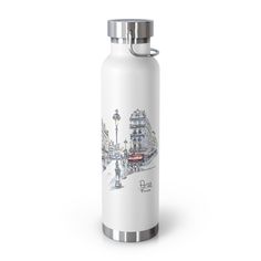 a stainless steel water bottle with an image of a city